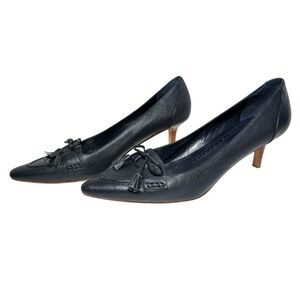 Brooks Brothers Navy Leather Pointed Toe Kitten Heels with Tassel